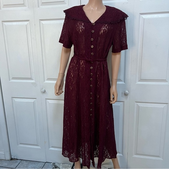 VTG Burgundy Lace Button-Down Long Dress Size L Short Sleeve - Picture 2 of 16
